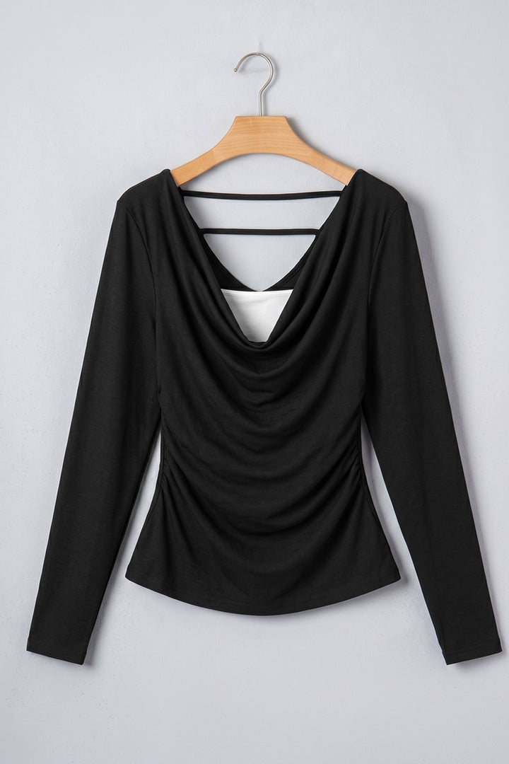 Black Color Block Drape V Neck Pleated Long Sleeve Top