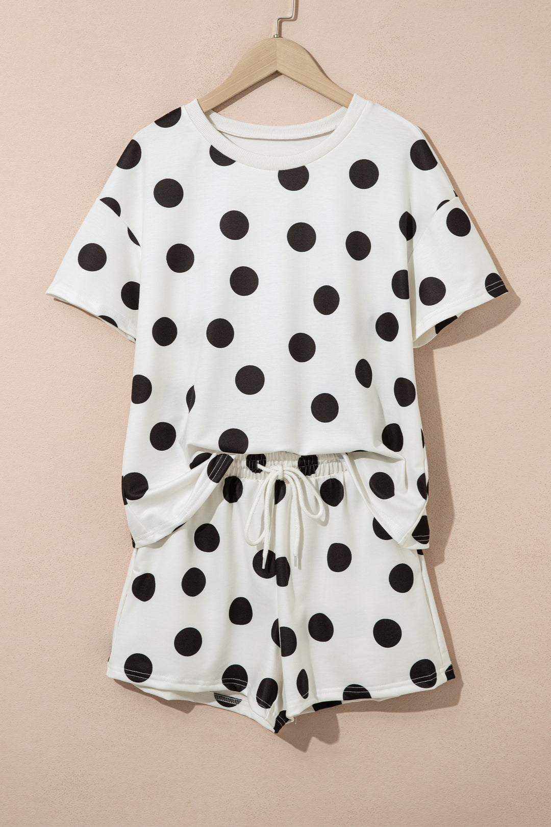 Black Polka Dot Print Loose Tee Drawstring Elastic Waist Short Set