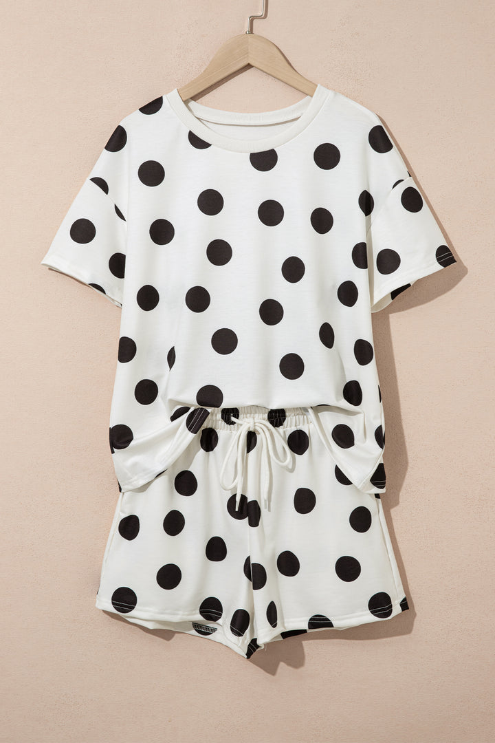 Black Polka Dot Print Loose Tee Drawstring Elastic Waist Short Set