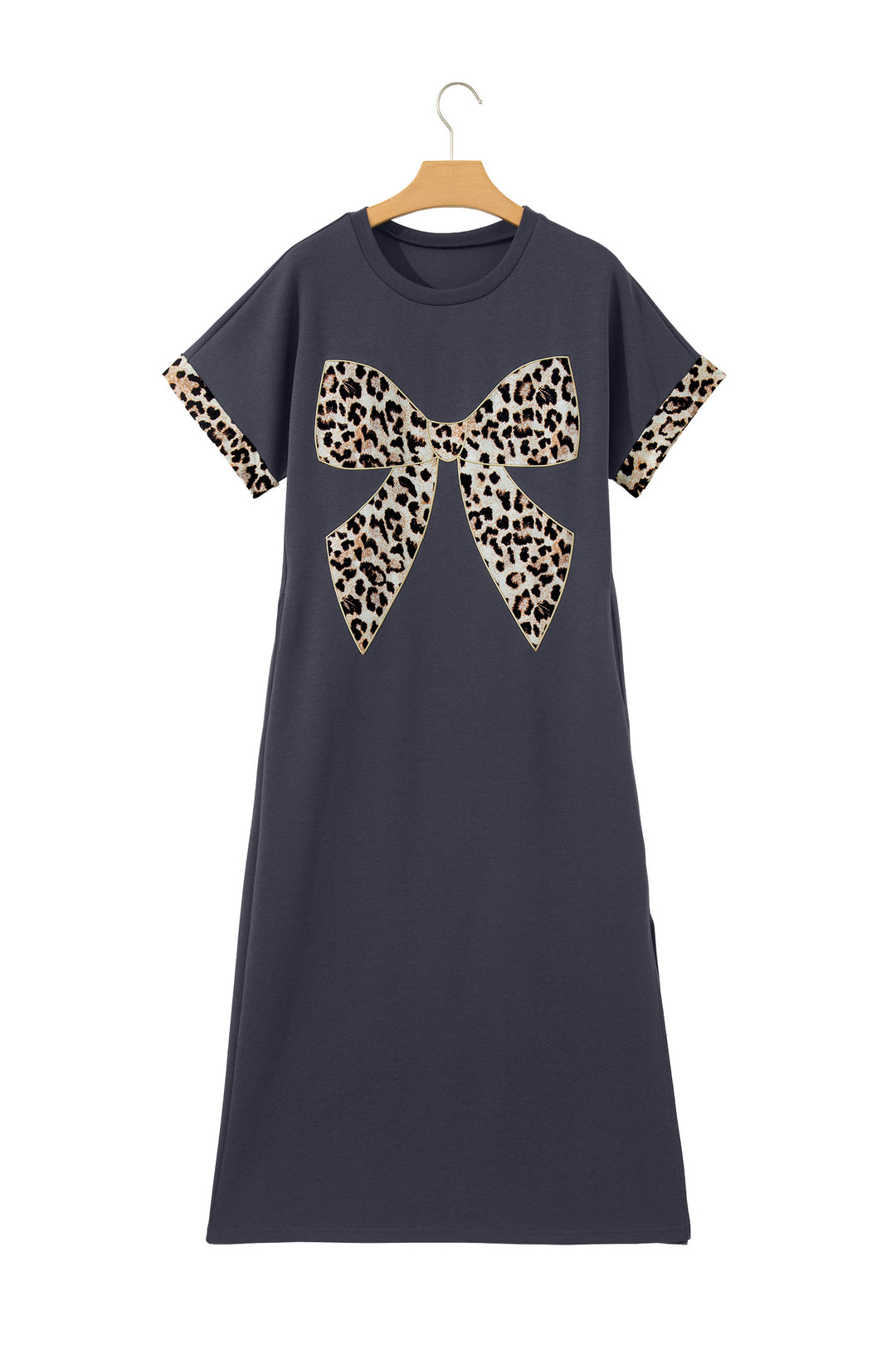 Dark Grey Contrast Leopard Bow Patched Short Sleeve T Shirt Long Dress