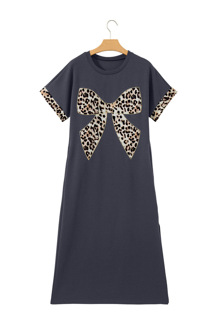 Dark Grey Contrast Leopard Bow Patched Short Sleeve T Shirt Long Dress