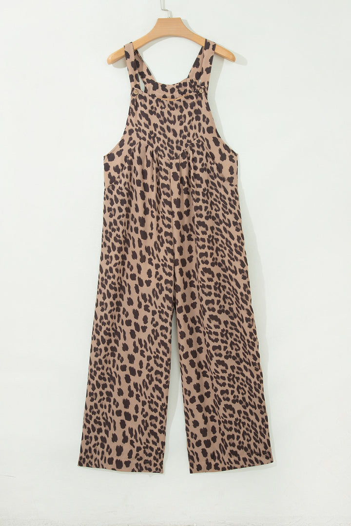 Khaki Leopard Print Square Neck Pleated Wide Leg Jumpsuit