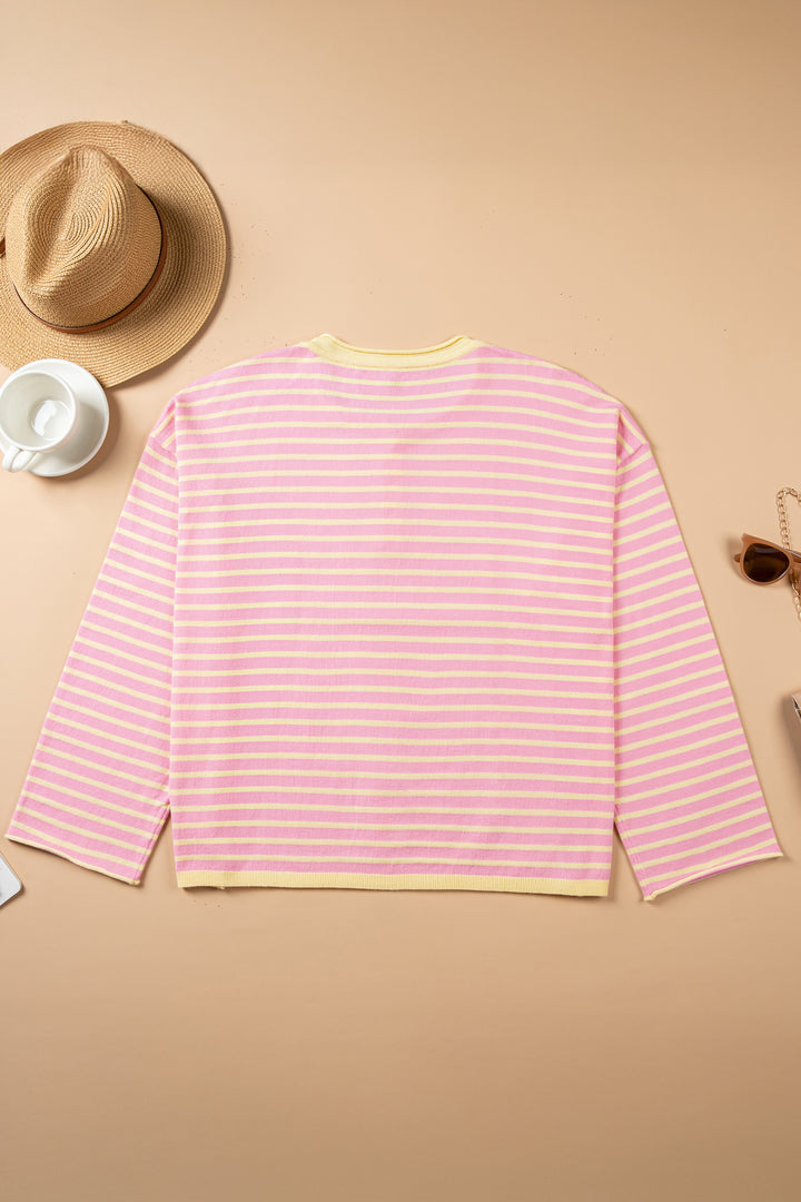 Pink Stripe Striped Colorblock Long Sleeve V Neck Shift Plus Size Sweater