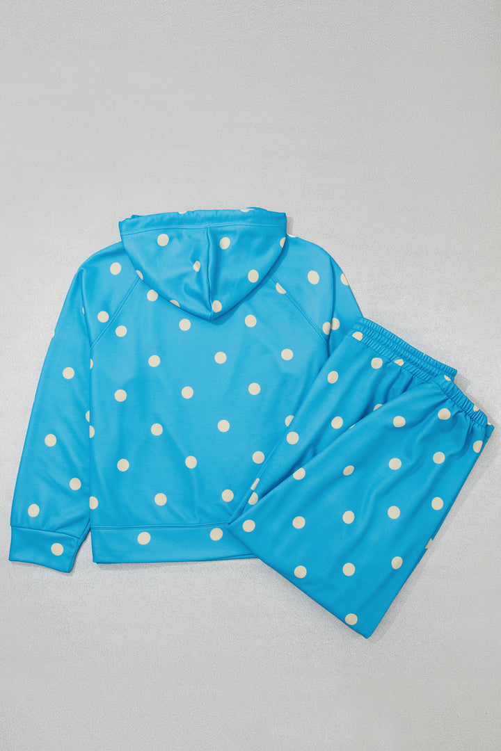 Blue Polka Dot Hooded Drawstring Long Sleeve Plus Size Set