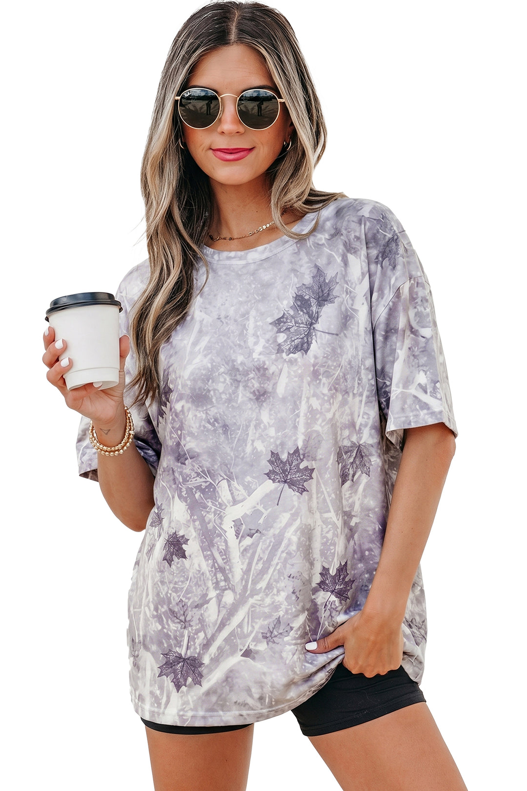 Gray Camouflage Woodland Print Drop Shoulder Tunic Tee