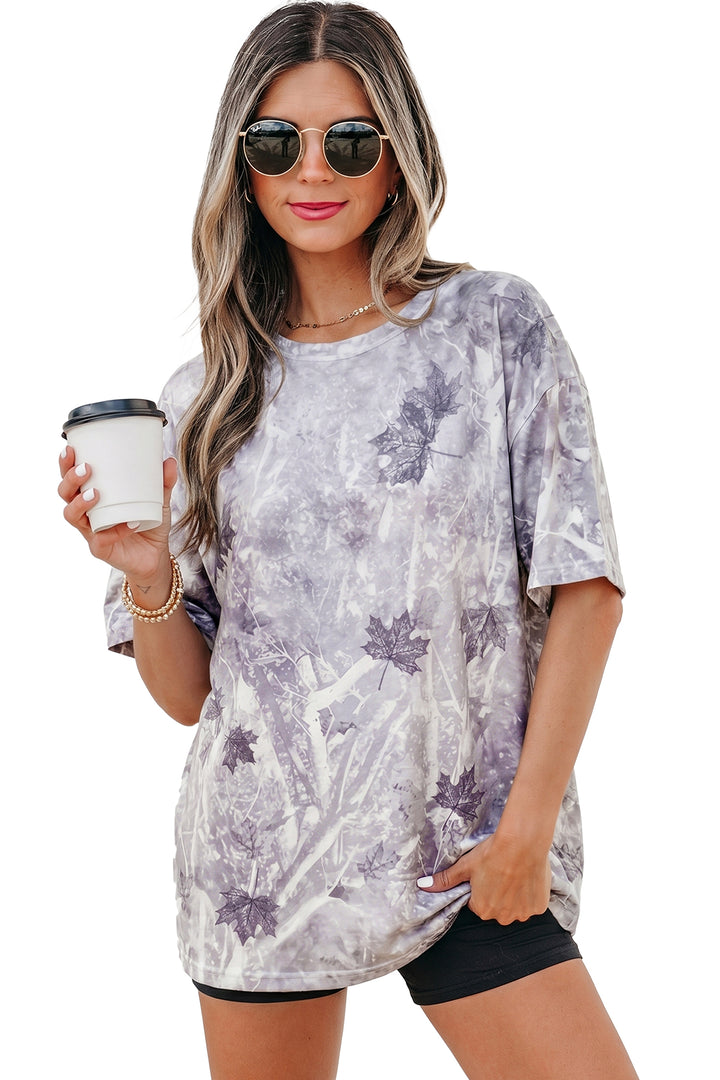 Gray Camouflage Woodland Print Drop Shoulder Tunic Tee