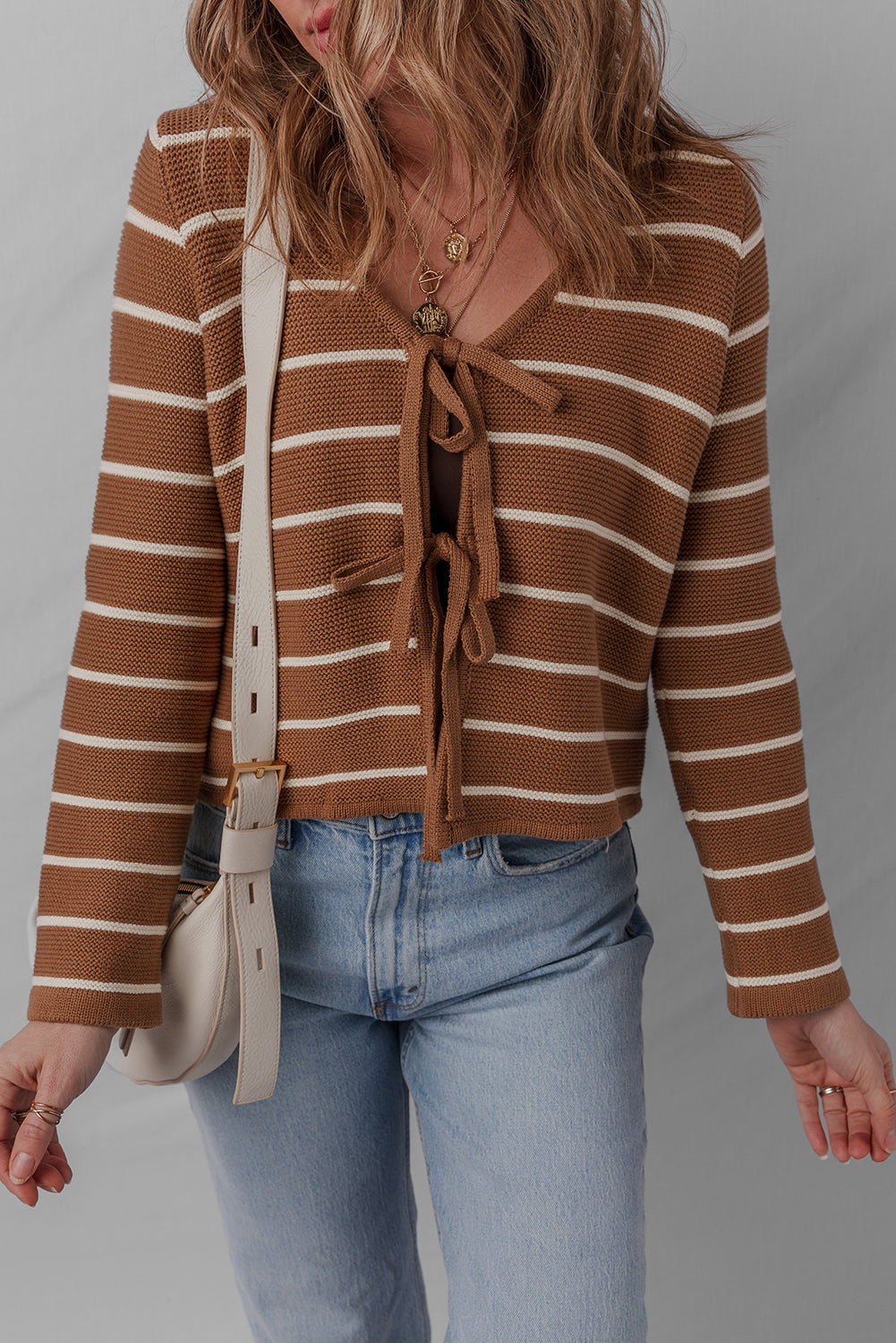 Tie Front Striped Knit V Neck Cardigan Sweater