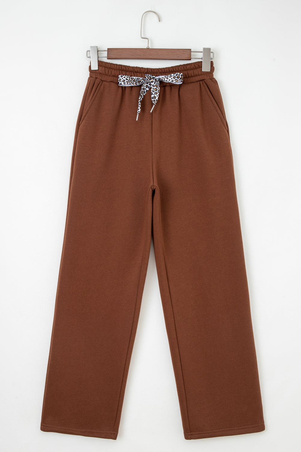 Dearlovers Coffee Fleece Lined Leopard Drawstring Elastic Waist Solid Pants