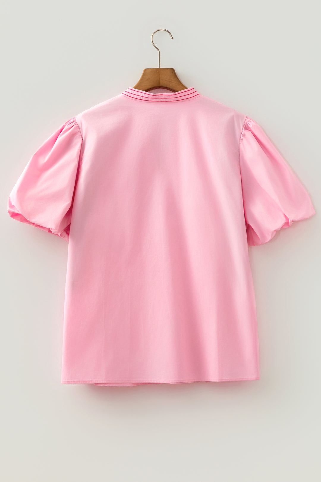 Cute Pink Boho Embroidered Detail Puff Sleeve Cotton Blouse