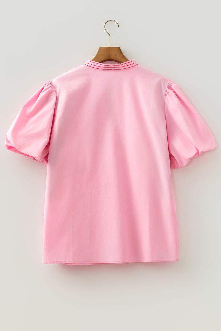 Cute Pink Boho Embroidered Detail Puff Sleeve Cotton Blouse
