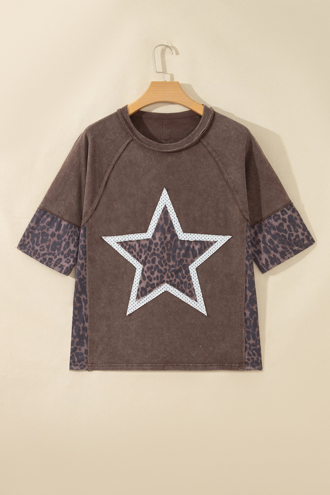 Coffee Mineral Wash Exposed Seam Leopard Star Patched T Shirt