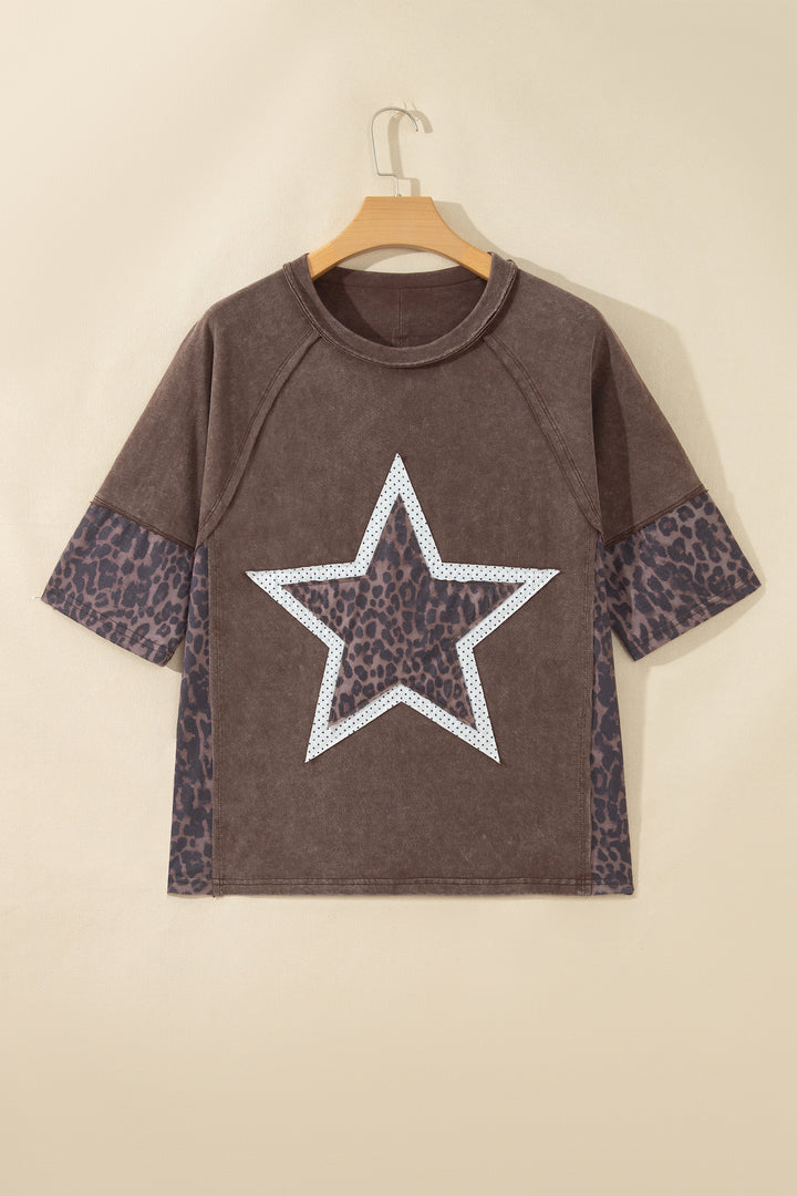 Coffee Mineral Wash Exposed Seam Leopard Star Patched T Shirt