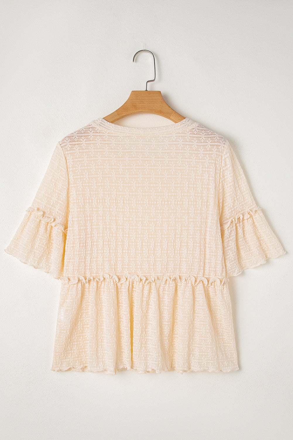 Solid Color Textured Ruffled Short Sleeve Blouse