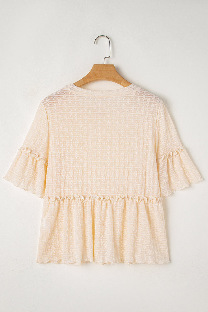 Solid Color Textured Ruffled Short Sleeve Blouse