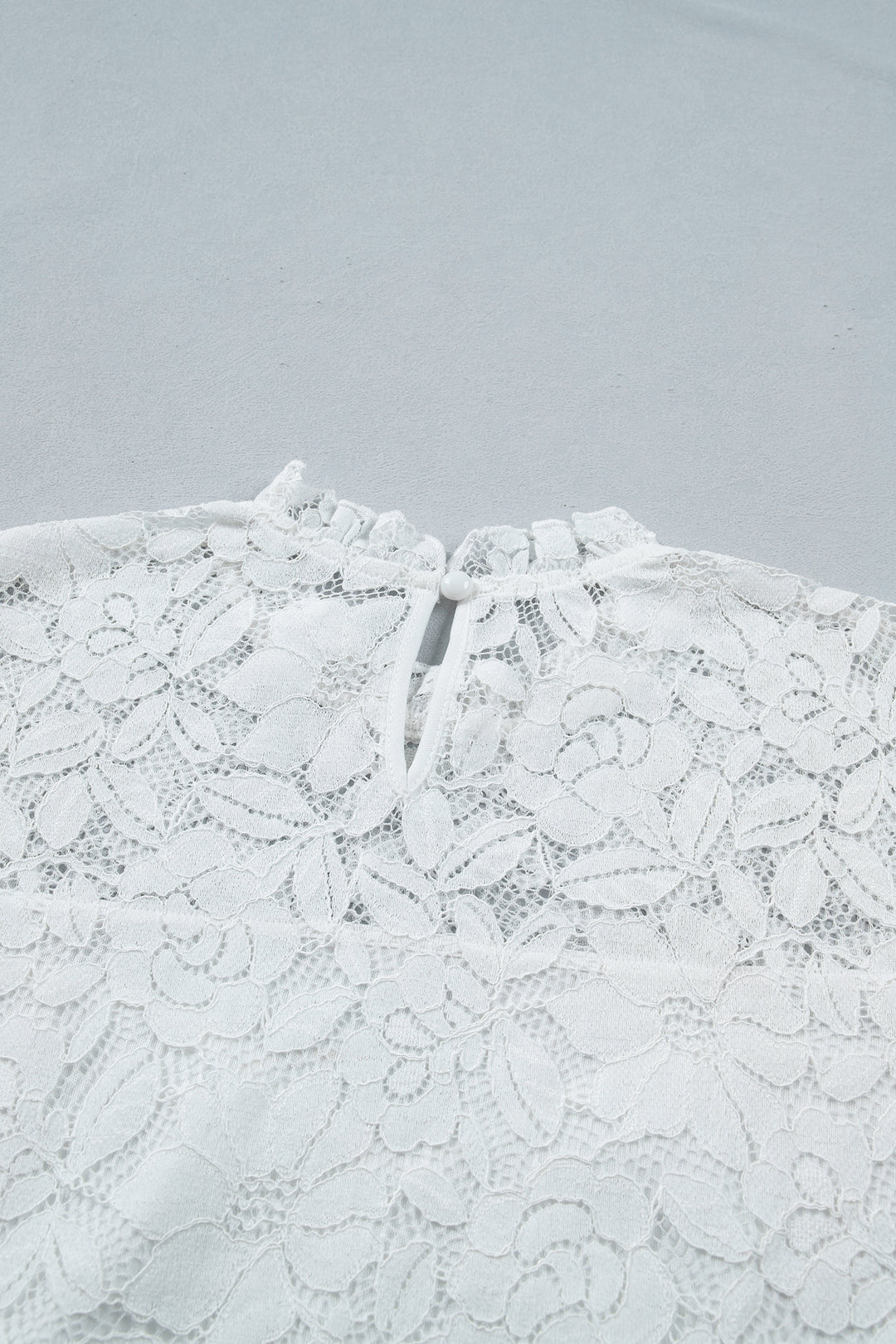 White Ruffled Round Neck Long Flounce Sleeve Sheer Lace Blouse