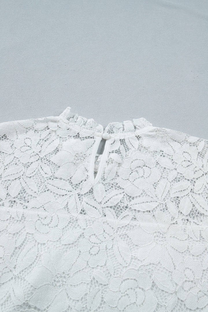 White Ruffled Round Neck Long Flounce Sleeve Sheer Lace Blouse