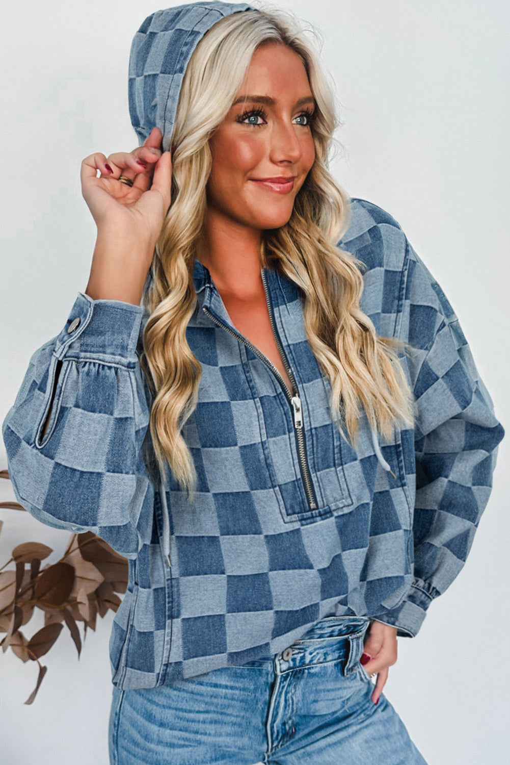 Checkerboard Zipped Neck Kangaroo Pocket Denim Hoodie