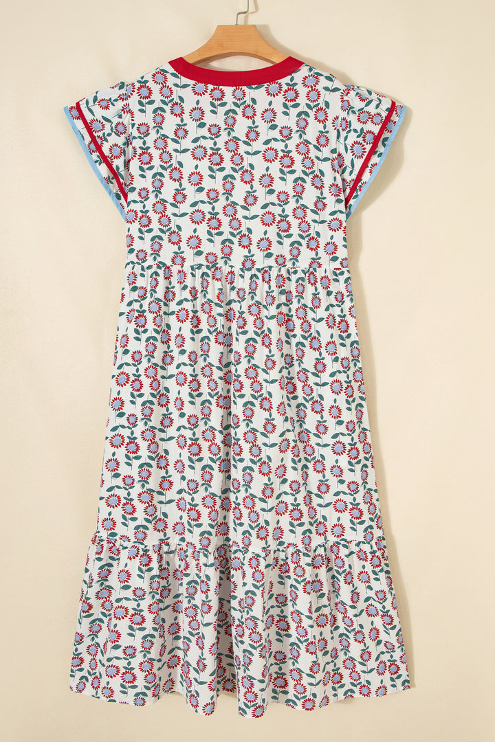 Red Cute Sunflower Printed Striped Trim Flutter Sleeve Long Dress