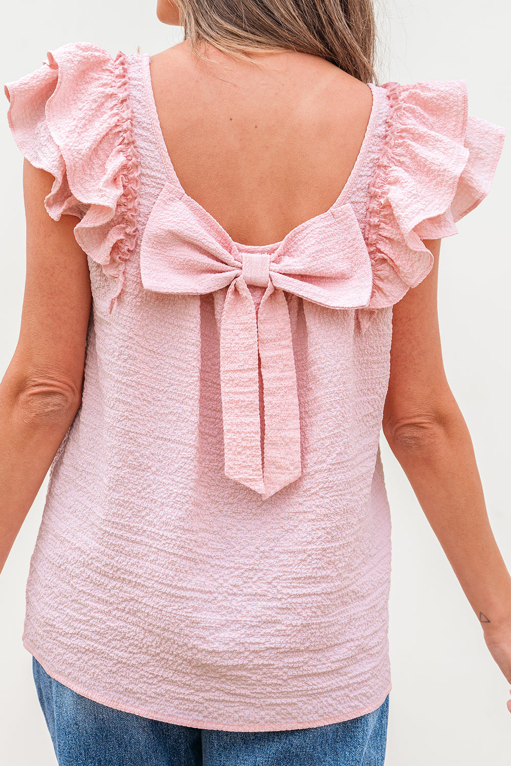 textured bow knot frilled butterfly sleeve blouse