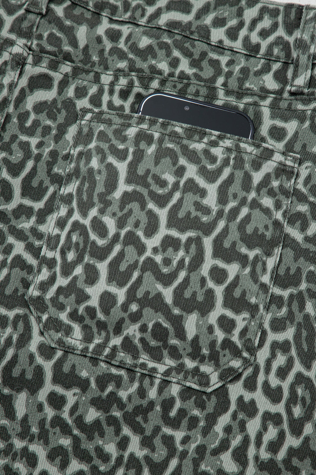 Gray Leopard Frayed Edge Wide Leg High Waist Jeans