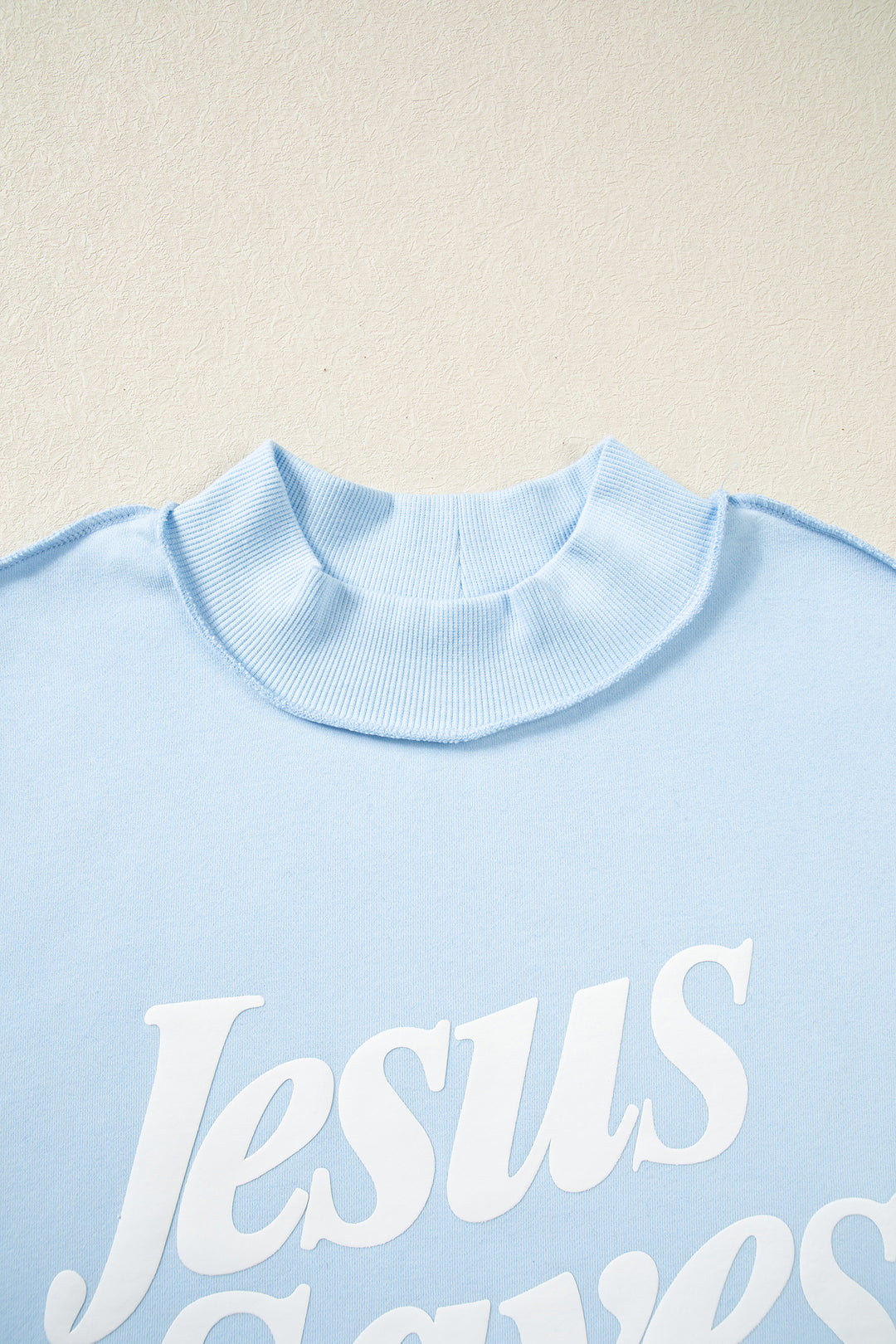 Mist Blue Jesus Saves Slogan Print Stand Neck Baggy Sweatshirt