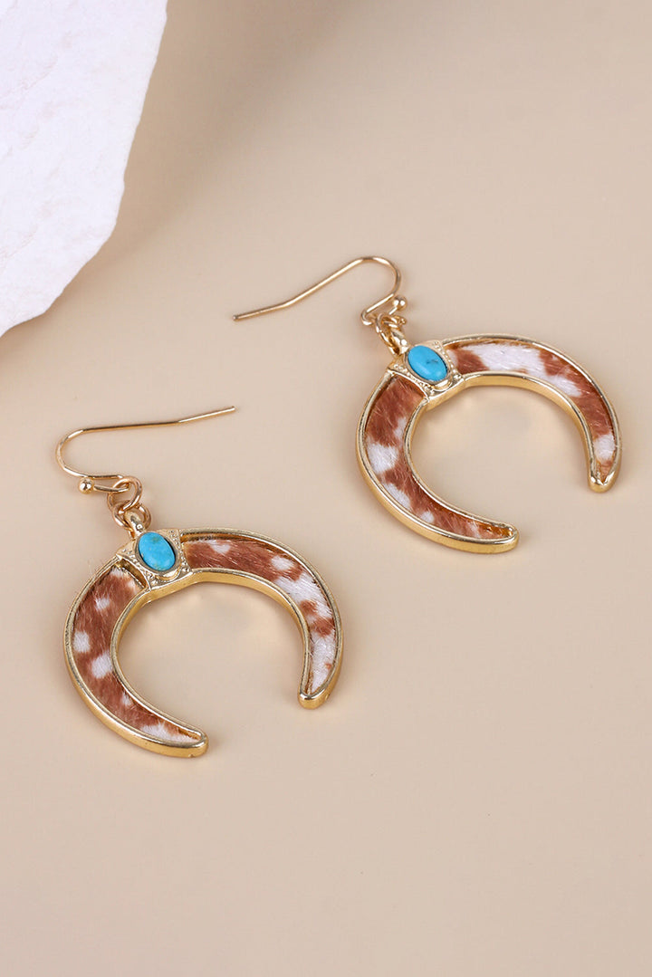 Cow Print Turquoise Inlay Crescent Shaped Dangle Earrings