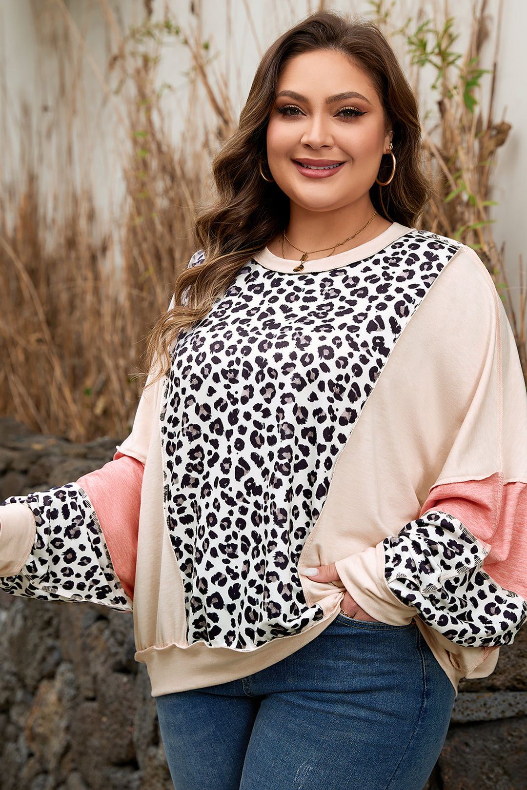 Gray Leopard Color Block Patchwork Reverse Stitch Plus Size Baggy Pullover