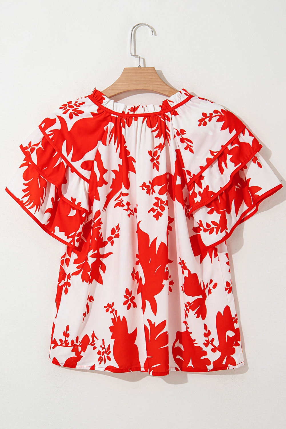 plant print tiered ruffled sleeve v neck blouse