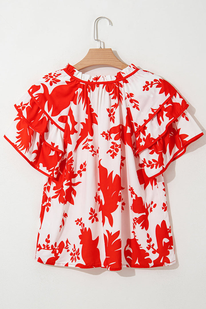 plant print tiered ruffled sleeve v neck blouse