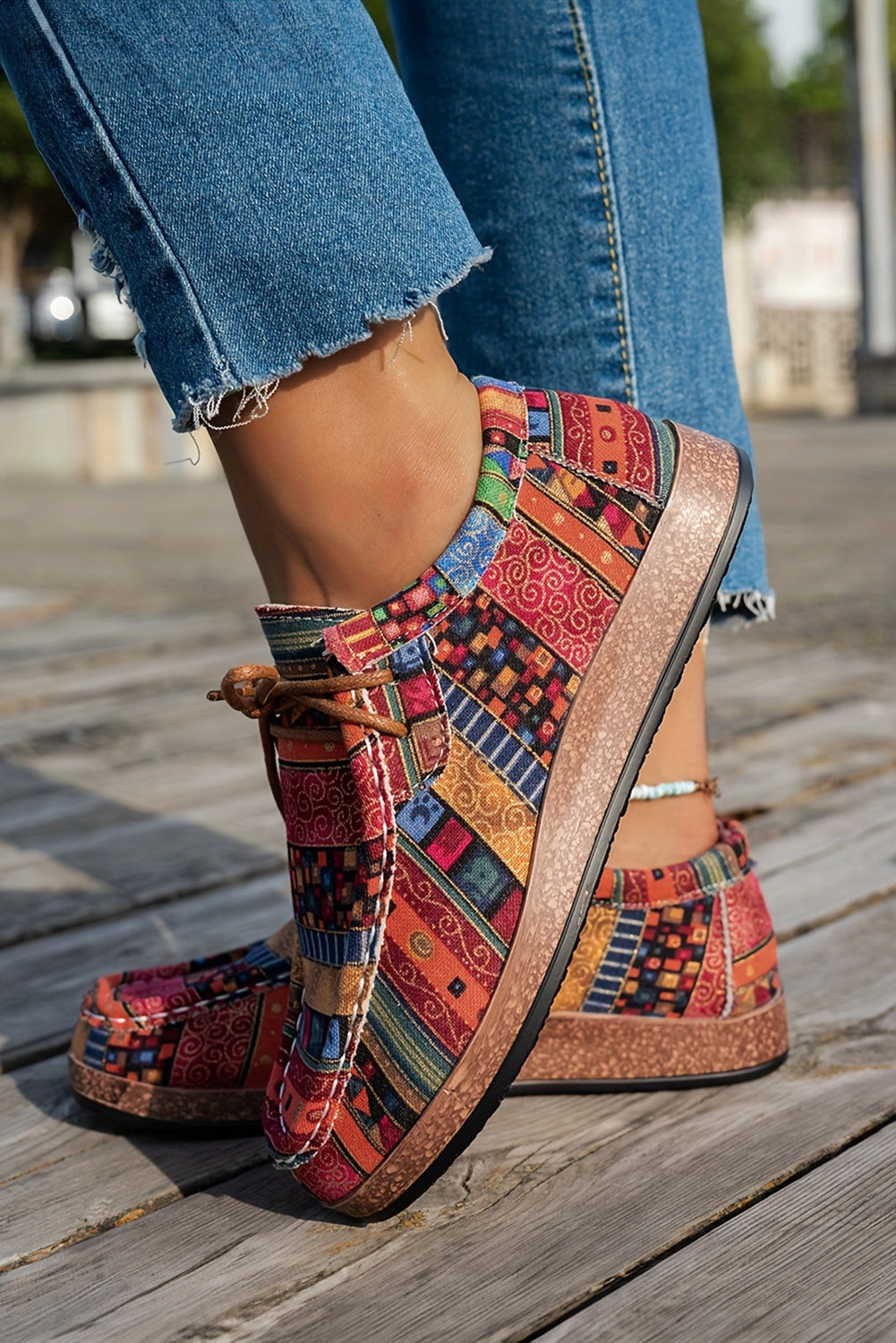 Western Print Faux Suede Lace-up Decor Slip On Shoes