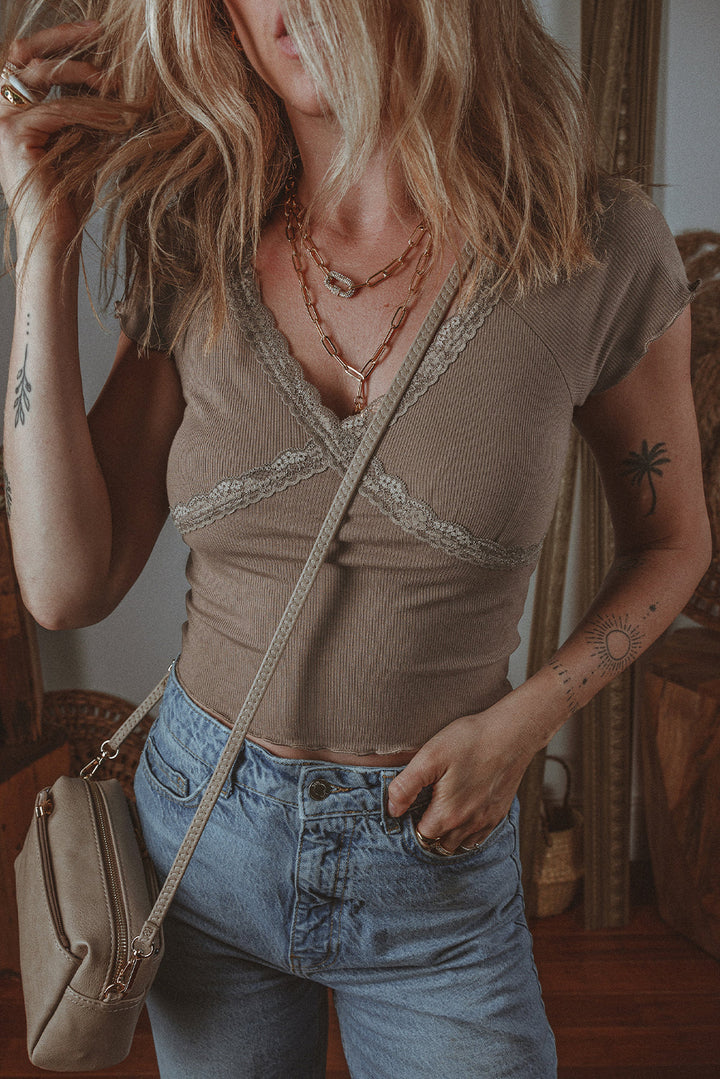 Lace Splicing Criss Cross Slim Fit V Neck T Shirt