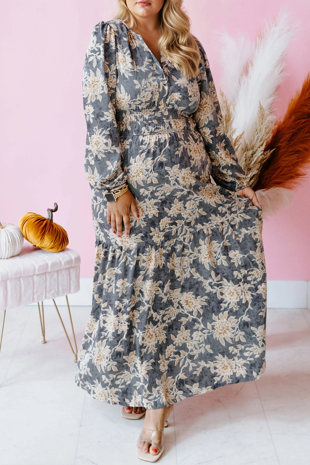 Sky Blue Plus Size Floral Print Split Neck Shirred High Waist Long Sleeve Maxi Dress
