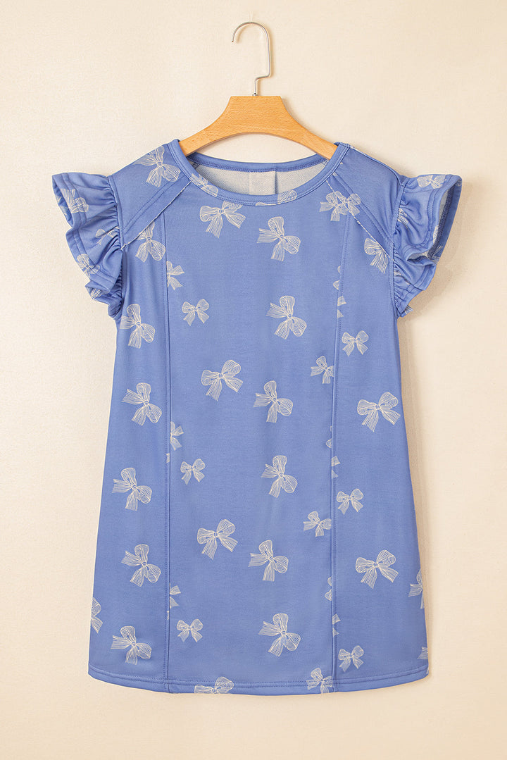 bow knot print crewneck ruffled sleeve shift mini dress