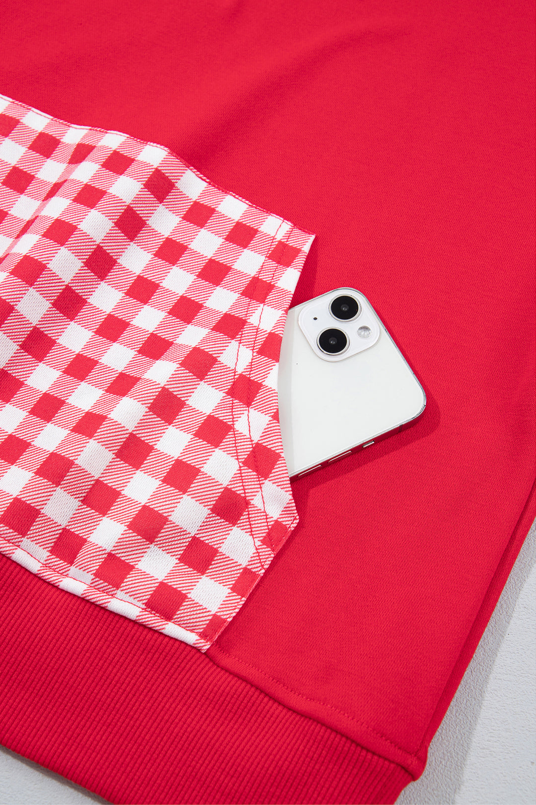Racing Red Patchwork Plaid Pocket Quarter Zip Sweatshirt