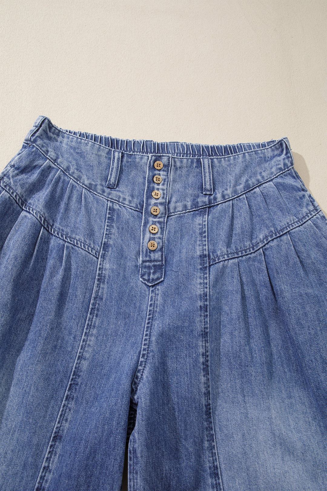 Dusk Blue High Rise Buttons Pleated Cropped Wide Leg Denim Pants