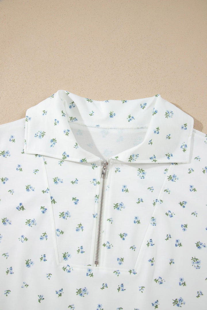 White Floral Print Half Zip Top Matching Short Set