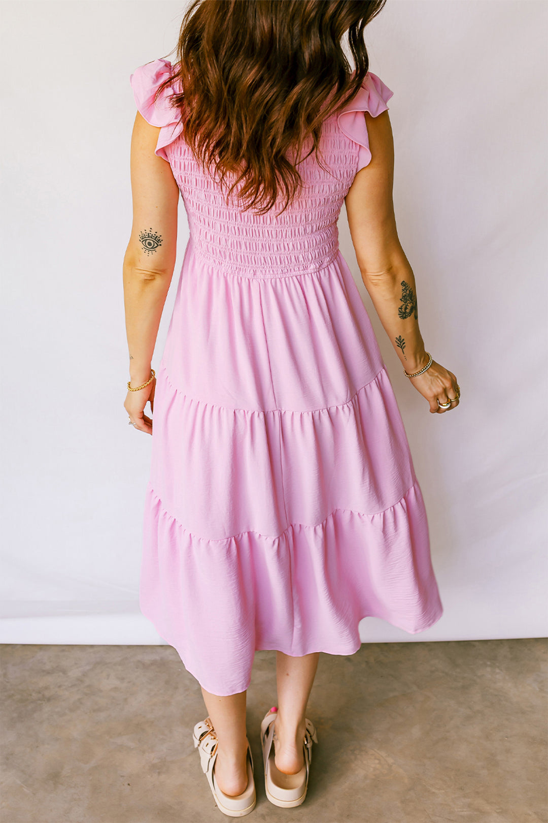 Smocked Bodice Flutter Sleeve Fit Flare Tiered Midi Dress