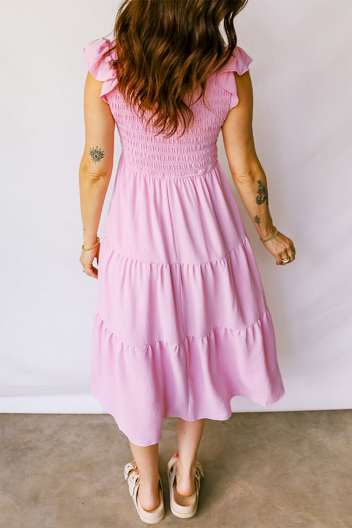 Smocked Bodice Flutter Sleeve Fit Flare Tiered Midi Dress