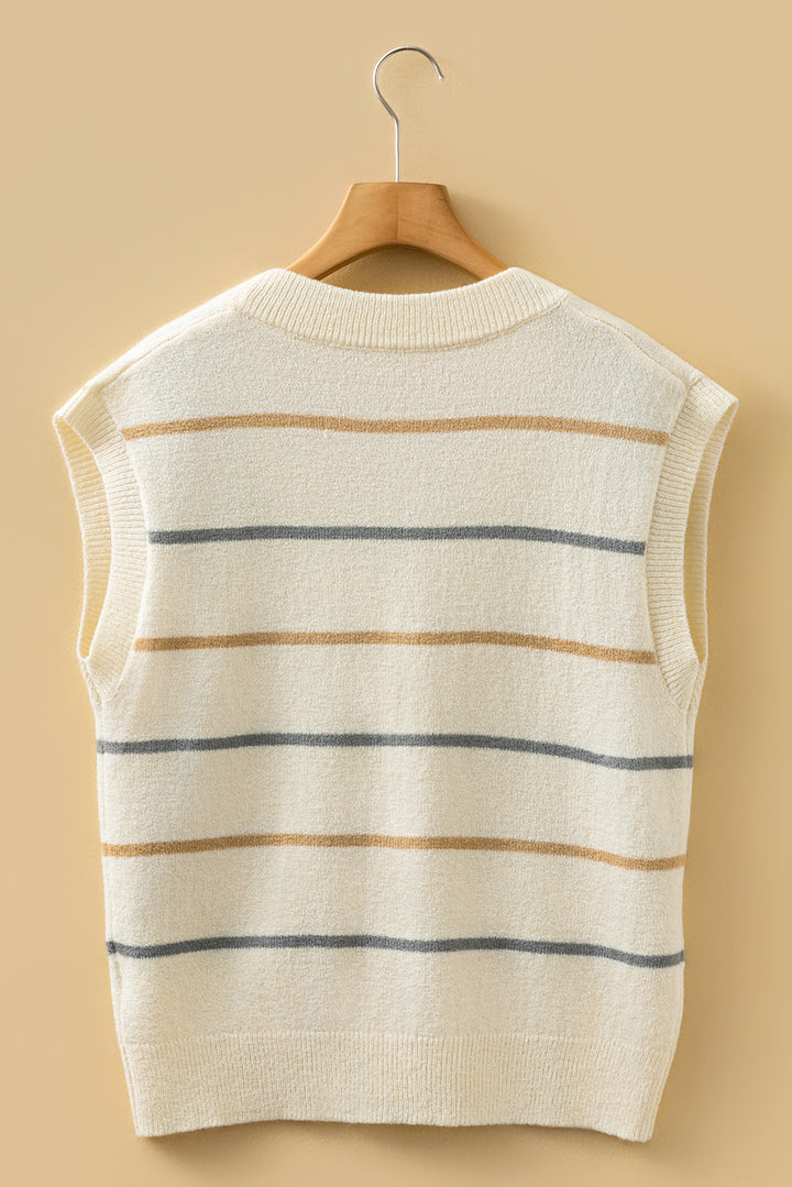 Multicolour Striped Print Button V Neck Sweater Vest