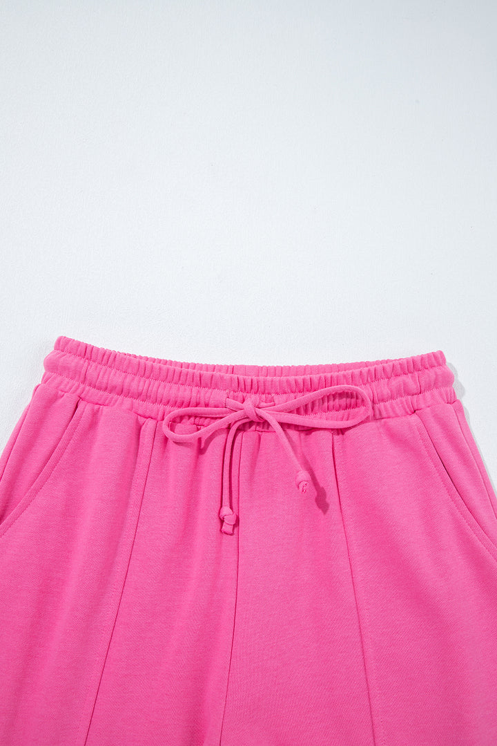 Bright Pink Raw Edge Half Buttons Pullover and Jogger Pants Set