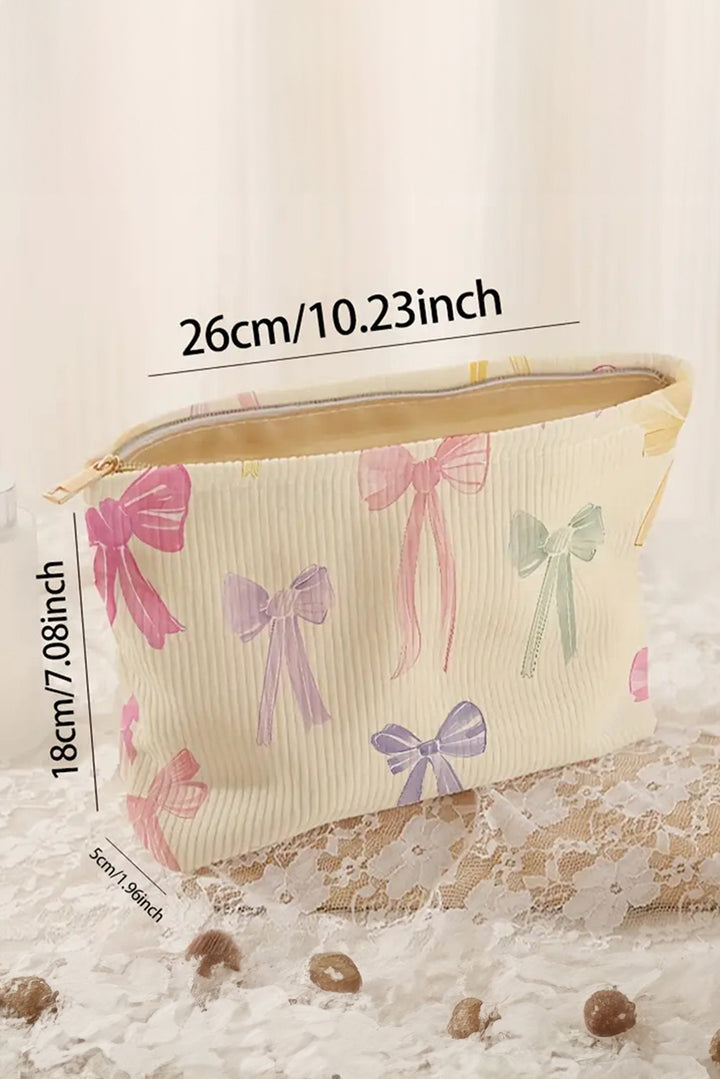 Bow Knot Print Zipper Corduroy Large Cosmetic Bag