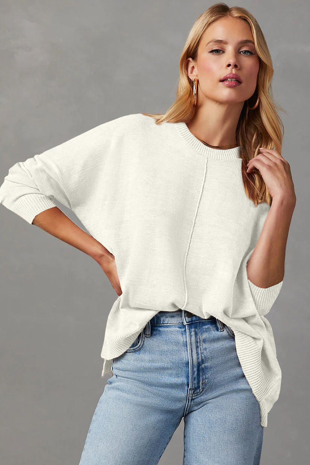 Front Center Seam Drop Shoulder Pullover Solid Sweater