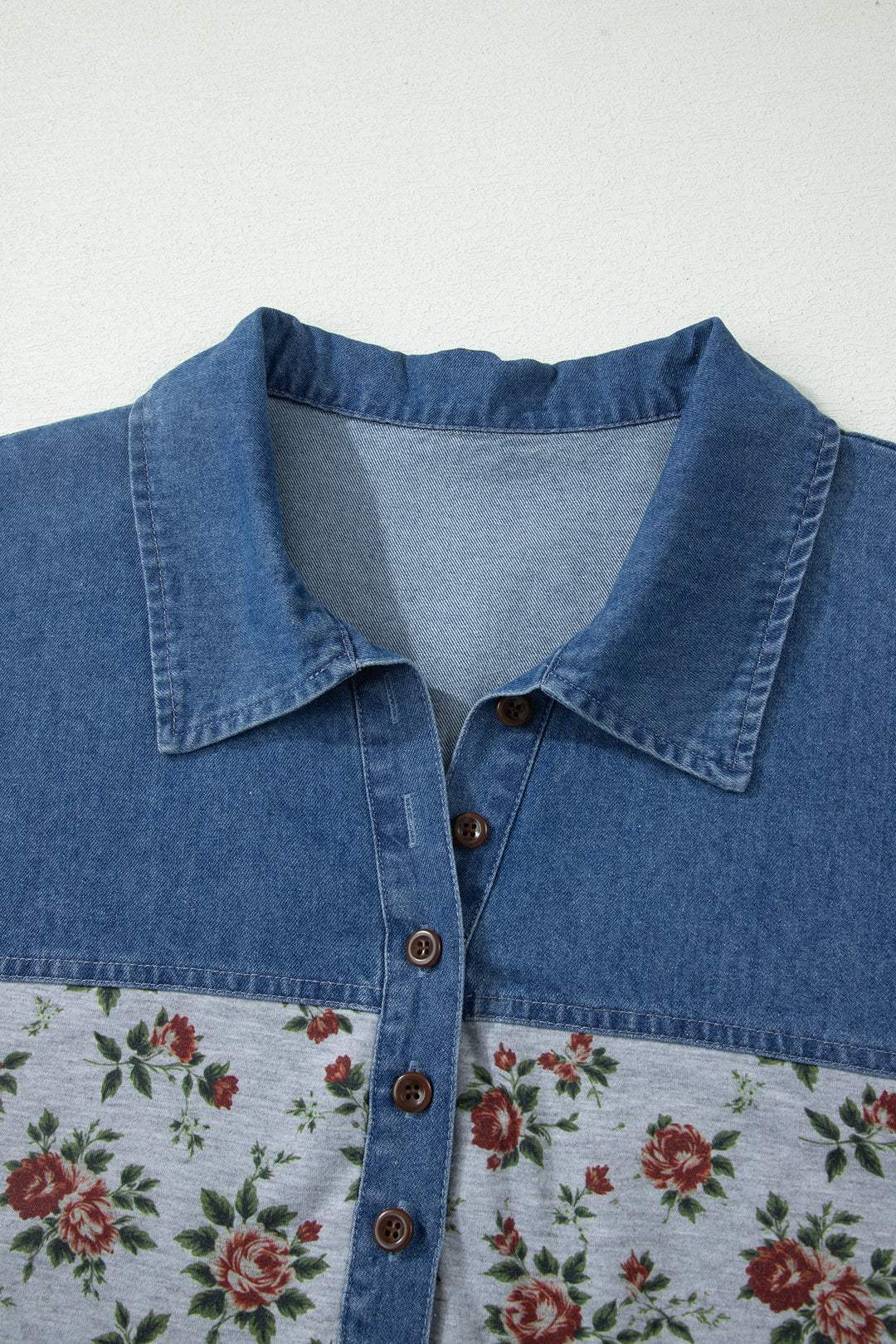 Gray Retro Floral Print Denim Patchwork Plus Size Polo Tee