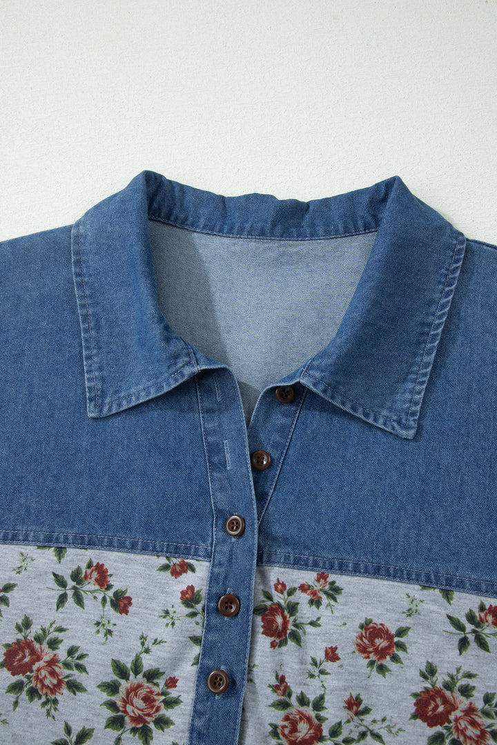 Gray Retro Floral Print Denim Patchwork Plus Size Polo Tee