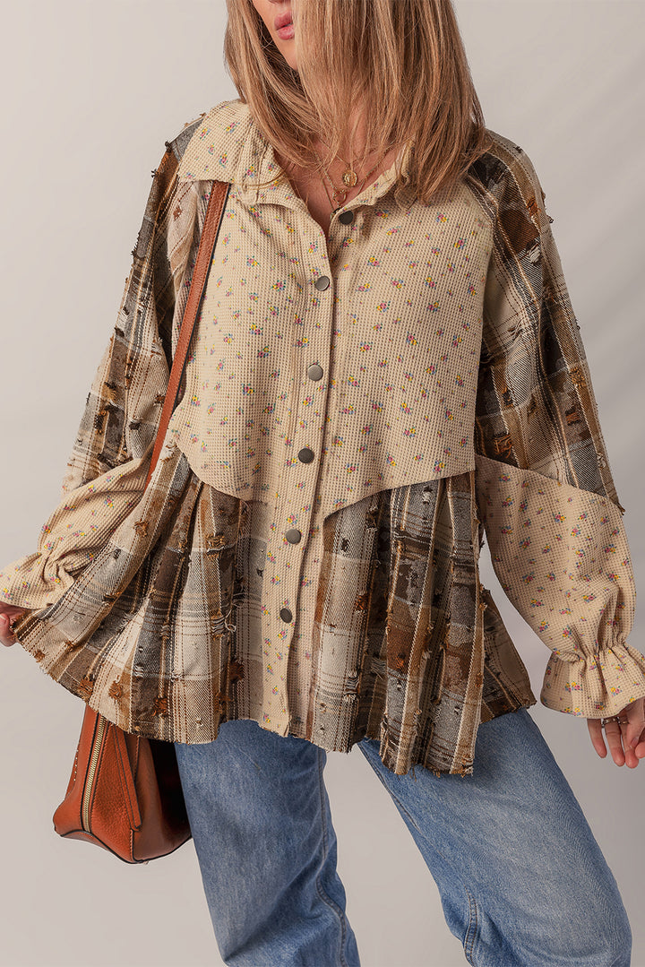 Oatmeal Boho Floral Plaid Patchwork Ruffled Sleeve Waffle Knit Shacket