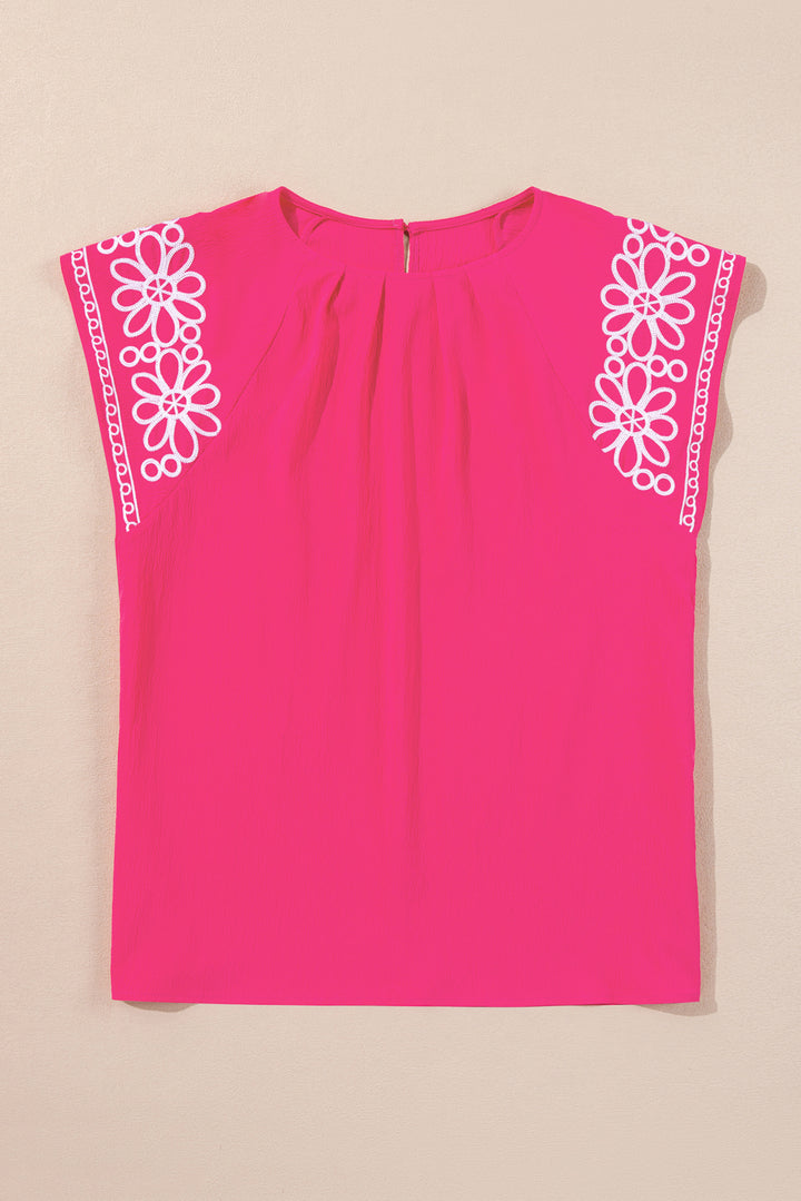 Strawberry Pink Floral Embroidered Flutter Sleeve Pleated O Neck Plus Size Blouse