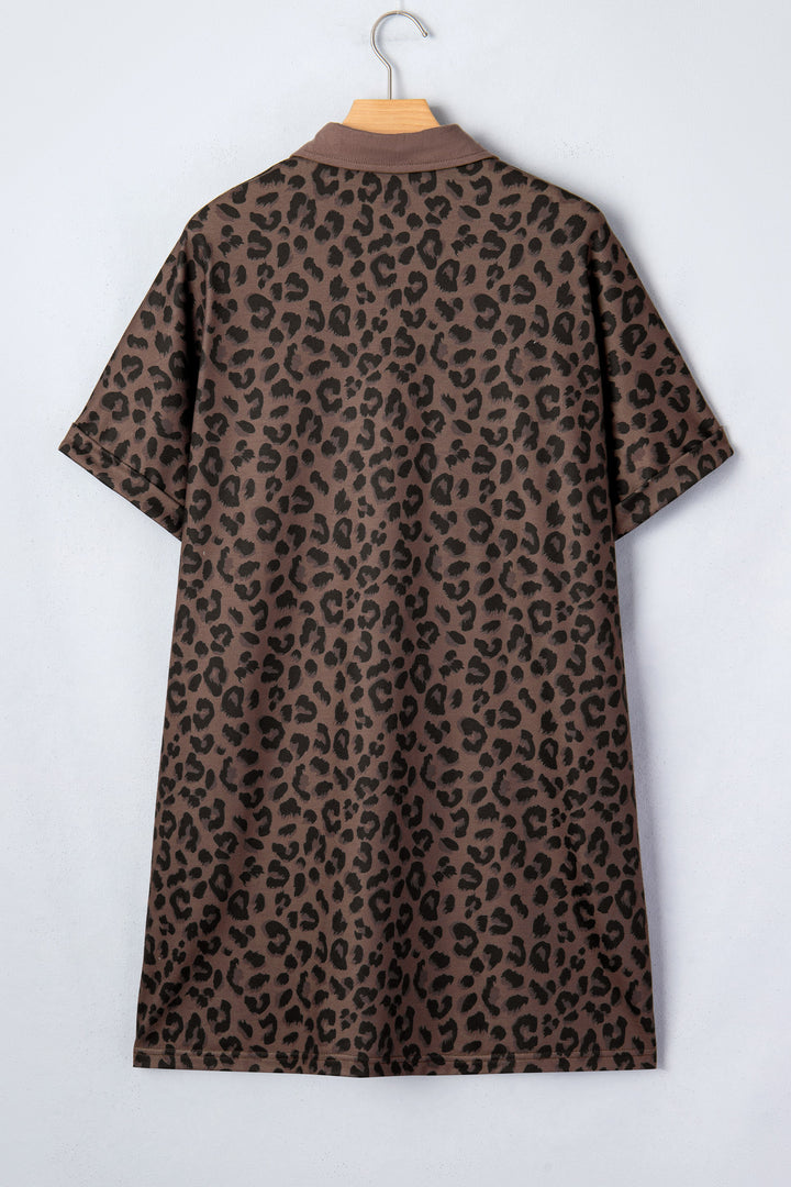 Brown Leopard Print Contrast Collar V-Neck Casual Mini Dress