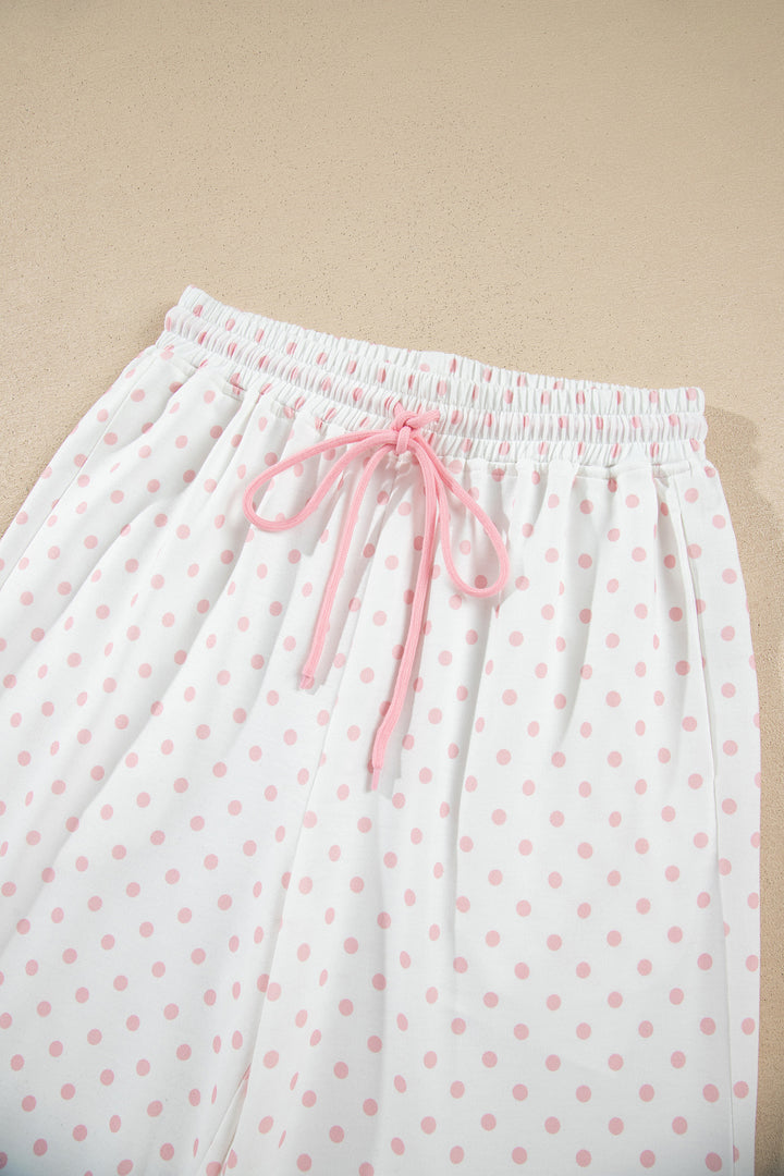 Pink Polka Dot Patchwork Colorblock Long Sleeve Casual Two Piece Pants Set