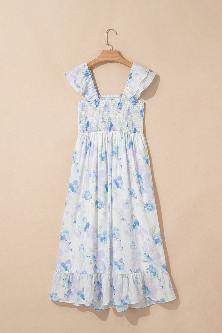 floral smocked high waist double ruffle sleeveless long dress