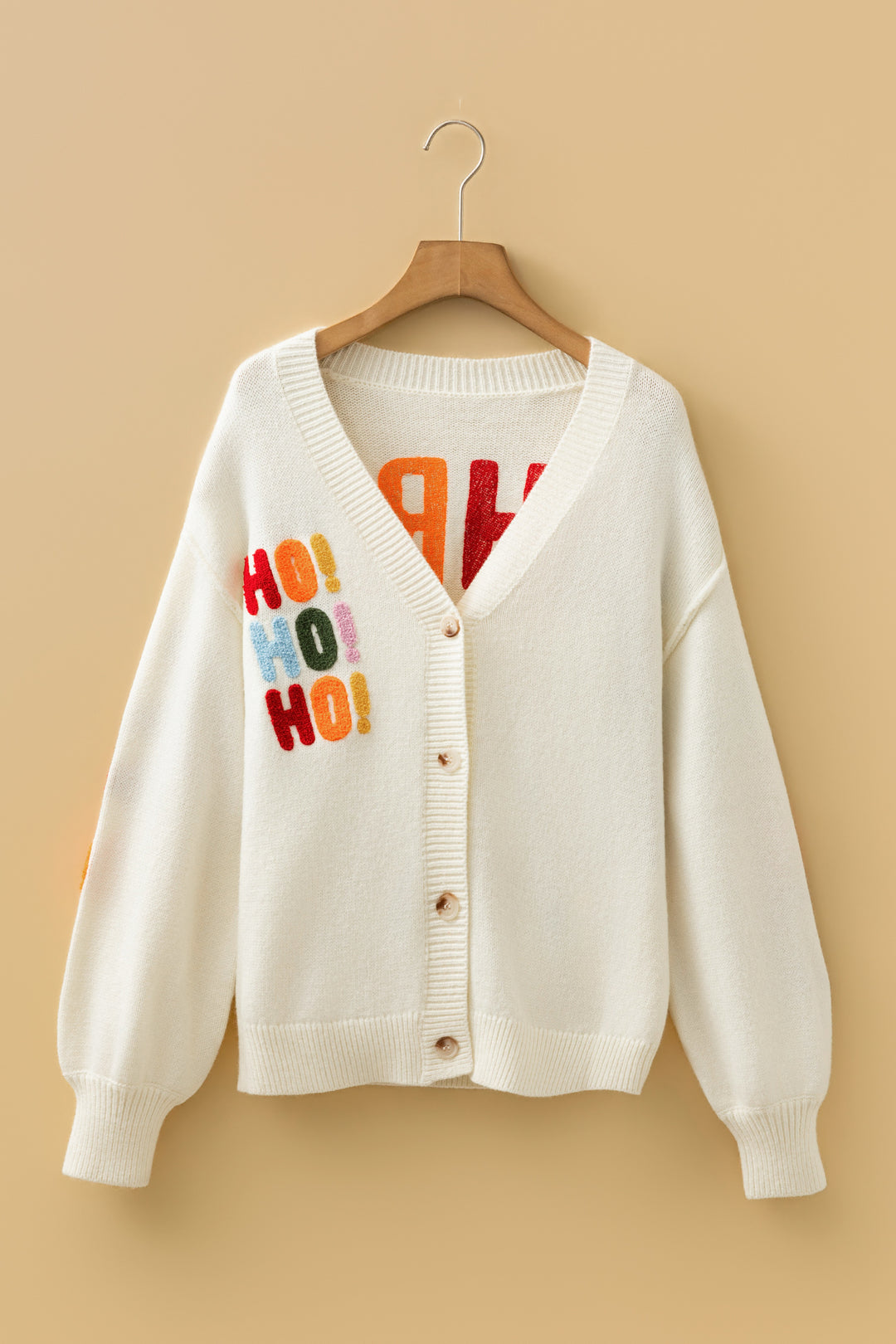 White Ho Ho Ho Slogan Button Front Embroidered Knit Cardigan